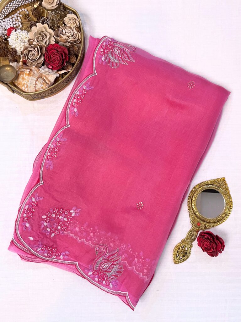 Pink Hand Embroidered Banarasi Kora Silk Saree with Swan Buta Border and Floral Butis