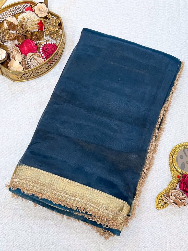 Blue Banarasi Tissue Silk Saree with gota patti border and unstitched brocade blouse – handwoven traditional silk saree from Banaras.
