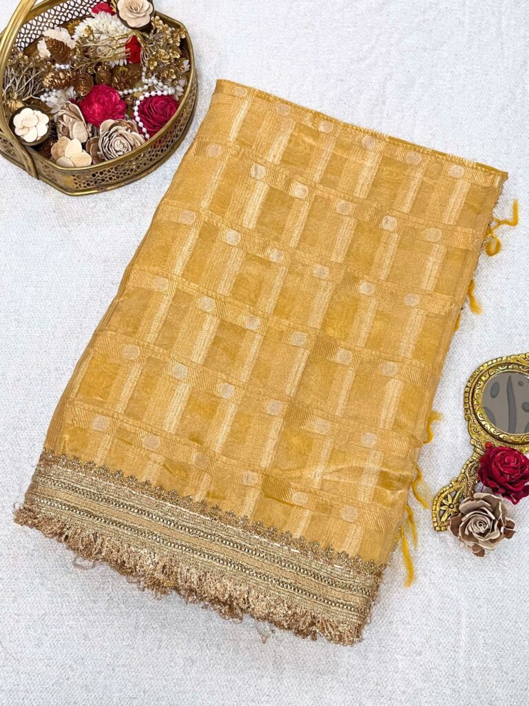 Yellow Banarasi Tissue Silk Saree with shimmering texture and brocade blouse – handwoven festive silk saree from Banaras.