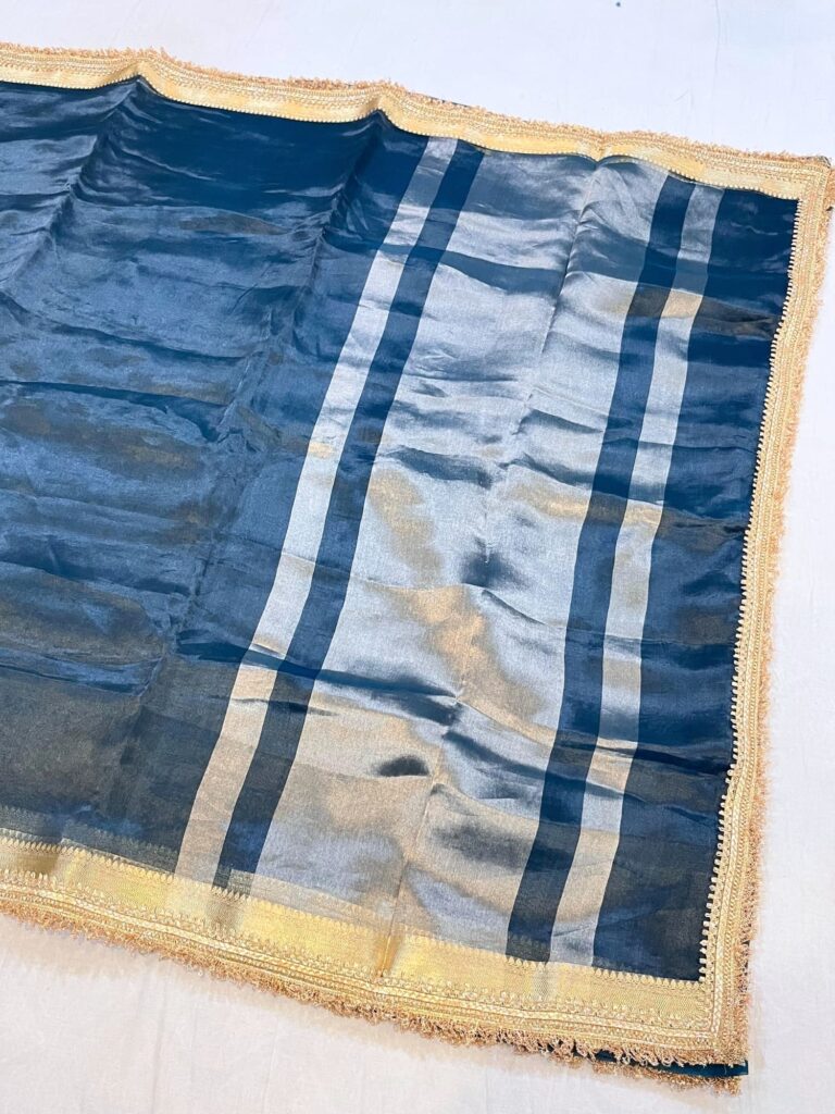 Blue Banarasi Tissue Silk Saree with gota patti border and unstitched brocade blouse – handwoven traditional silk saree from Banaras.