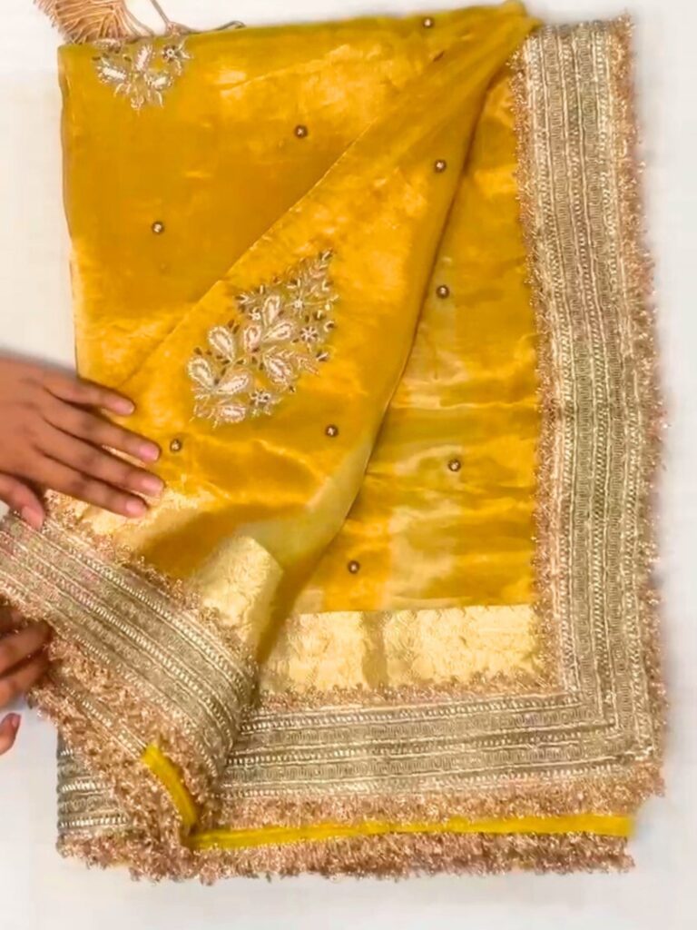 Hand Embroidered Yellow Banarasi Tissue Silk Saree with flower buta, gota patti border, brocade aachal, and unstitched brocade blouse piece