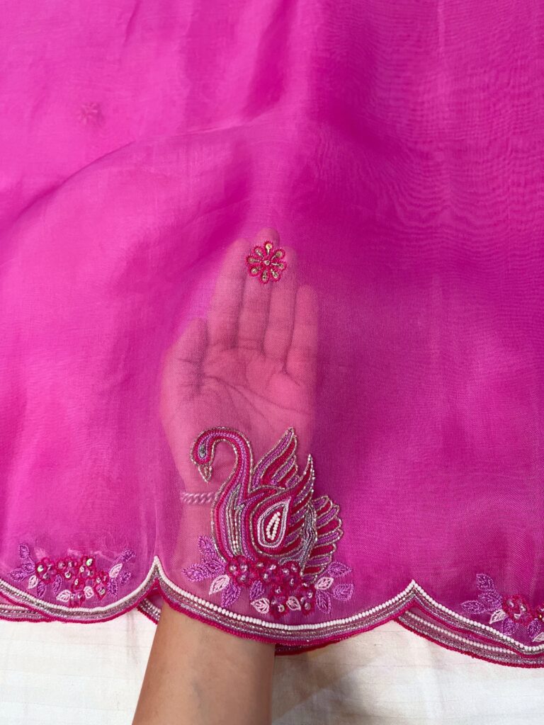 Pink Hand Embroidered Banarasi Kora Silk Saree with Swan Buta Border and Floral Butis
