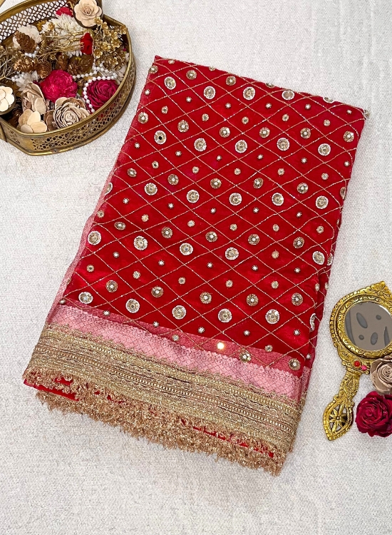 Hand Embroidered Red Bridal Banarasi Tissue Silk Saree with Zari Border and Embroidered Pallu, Perfect for Weddings and Festive Wear
