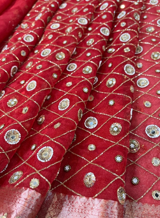 Hand Embroidered Red Bridal Banarasi Tissue Silk Saree with Zari Border and Embroidered Pallu, Perfect for Weddings and Festive Wear