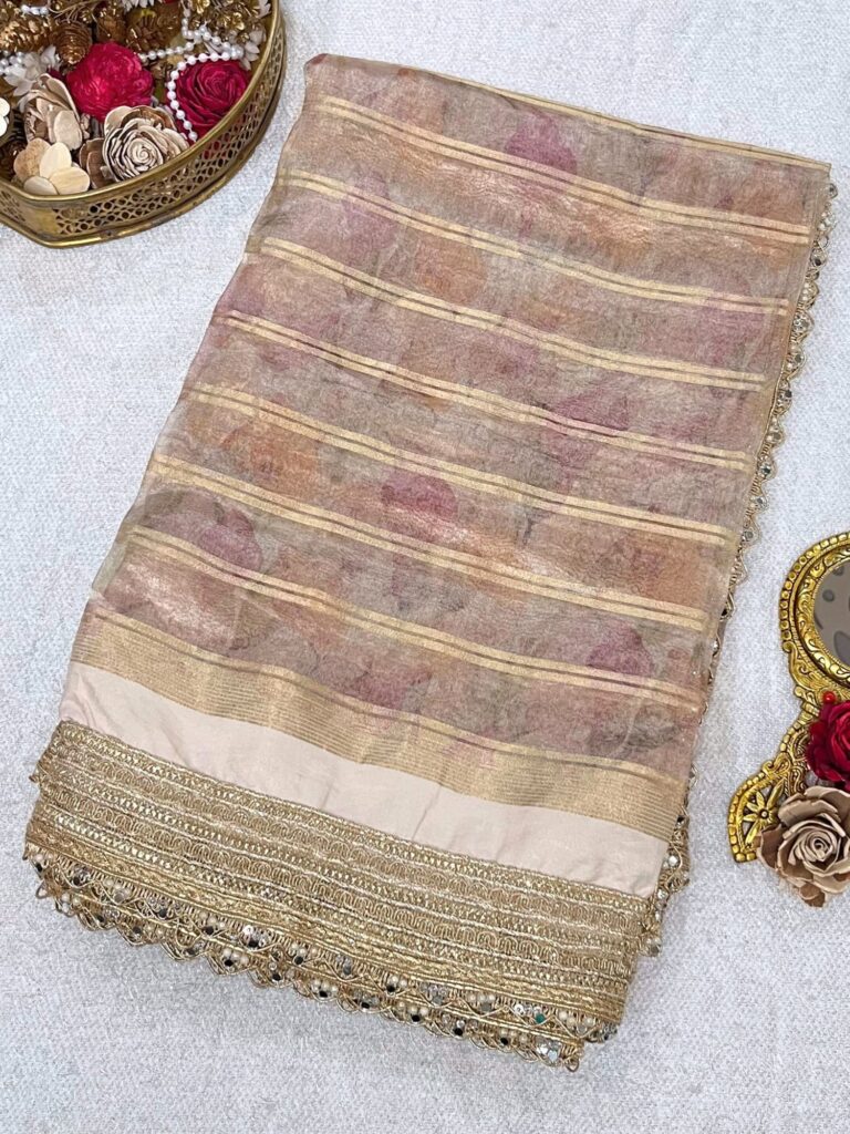 Golden Banarasi Tissue Silk Saree with gota patti border, brocade aachal, and unstitched brocade blouse – handwoven in Banaras.