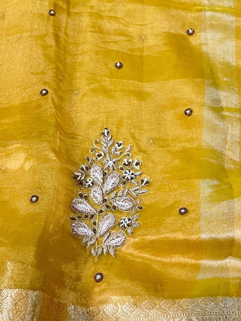 Hand Embroidered Yellow Banarasi Tissue Silk Saree with flower buta, gota patti border, brocade aachal, and unstitched brocade blouse piece