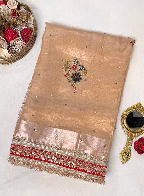 Hand Embroidered Golden Banarasi Tissue Silk Saree with Phool Buta, Pure Tissue Silk Fabric, and Intricate Handcrafted Details