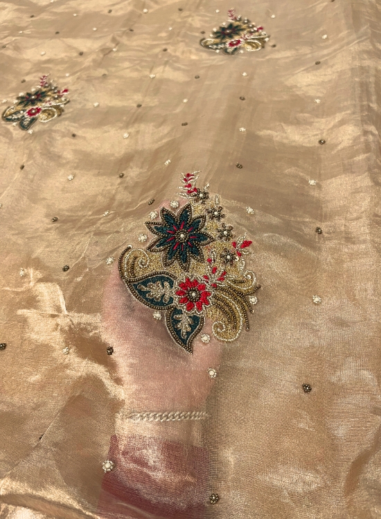 Hand Embroidered Golden Banarasi Tissue Silk Saree with Phool Buta, Pure Tissue Silk Fabric, and Intricate Handcrafted Details