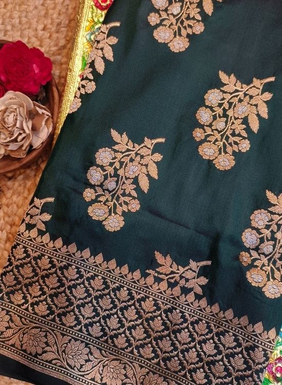 Handwoven Dark Green Katan Silk Saree