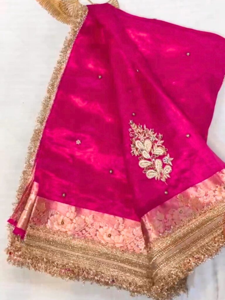 Hand Embroidered Mehndi Green Banarasi Tissue Silk Saree featuring flower buta, gota patti border, brocade aachal, and unstitched brocade blouse.