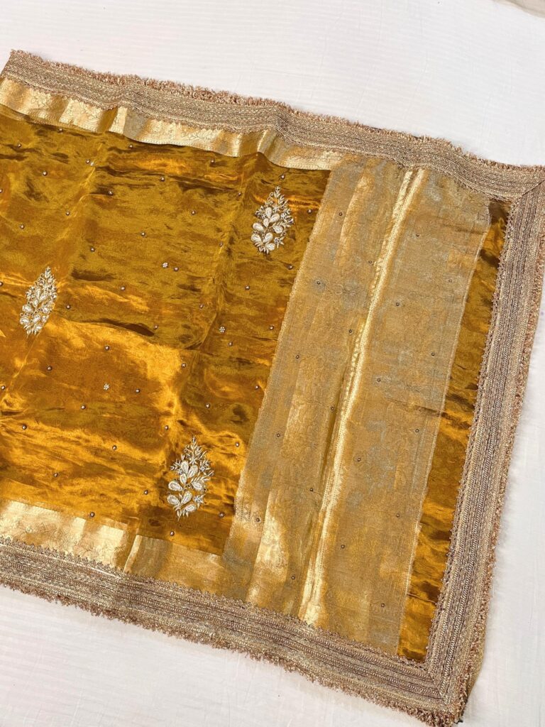 Hand Embroidered Mehndi Green Banarasi Tissue Silk Saree with flower buta, gota patti border, brocade aachal, and unstitched blouse piece
