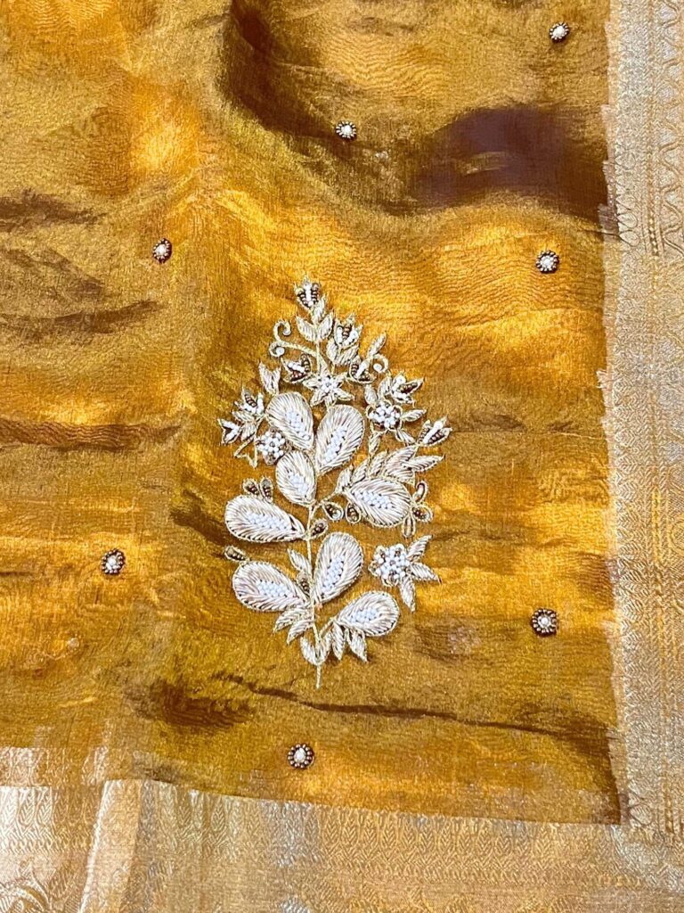 Hand Embroidered Mehndi Green Banarasi Tissue Silk Saree with flower buta, gota patti border, brocade aachal, and unstitched blouse piece