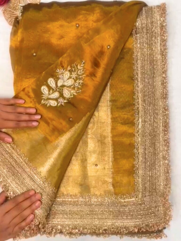 Hand Embroidered Mehndi Green Banarasi Tissue Silk Saree with flower buta, gota patti border, brocade aachal, and unstitched blouse piece