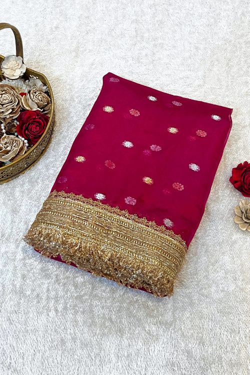 Hot Pink Buti Pure Banarasi Tissue Silk Saree
