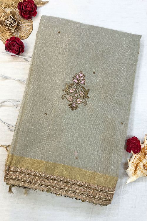 Hand-Embroidered Ash Grey Linen Tissue Silk Saree with intricate embroidery