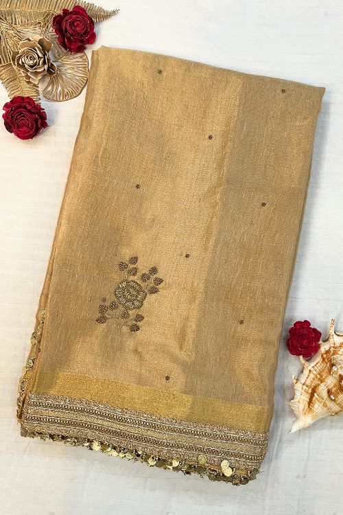 Hand-Embroidered Brown Linen Tissue Silk Saree with Traditional Banarasi Craftsmanship – Perfect for Weddings and Festive Occasions.