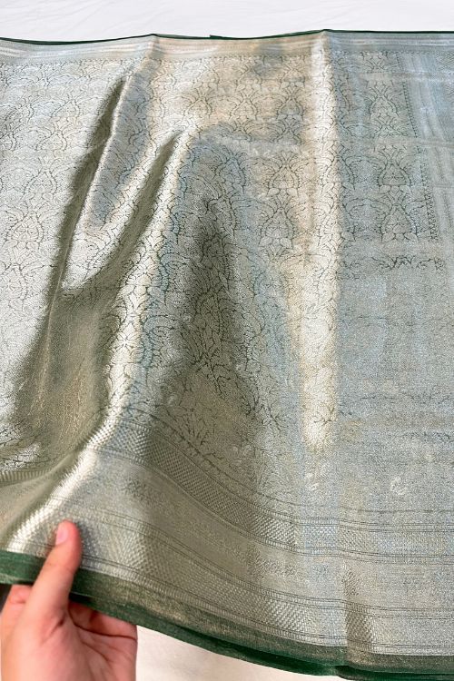 Green Brocade Tissue Silk Saree with delicate silver zari design and unstitched brocade blouse