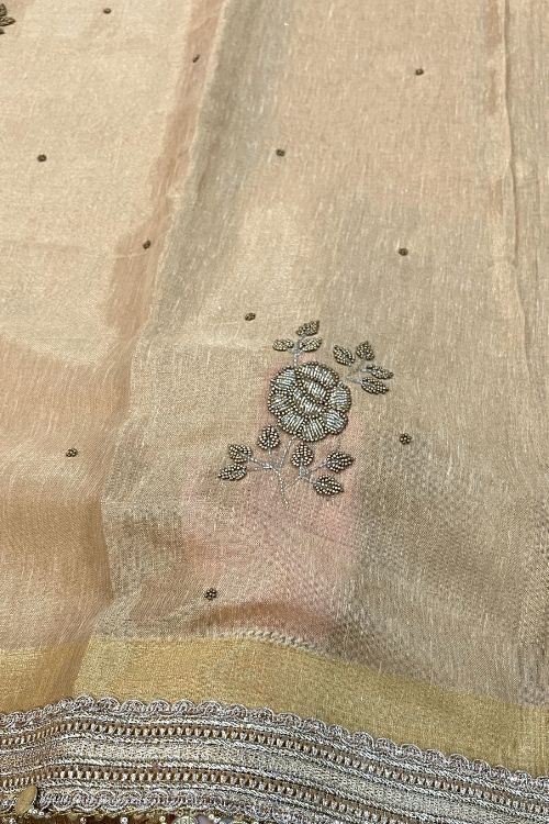Hand-Embroidered Brown Linen Tissue Silk Saree with Traditional Banarasi Craftsmanship – Perfect for Weddings and Festive Occasions.