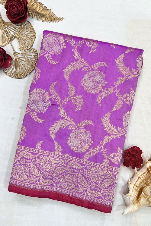 Handwoven Purple Katan Silk Saree with golden and silver floral jaal and magenta contrast border
