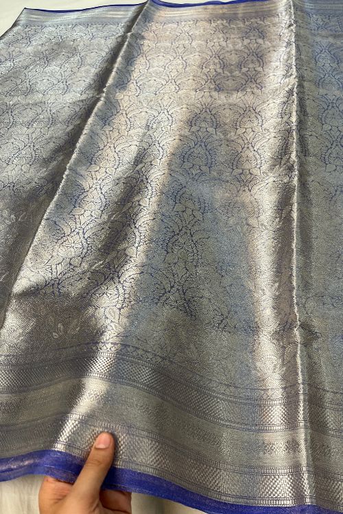 Blue Brocade Tissue Silk Saree with intricate silver zari design and unstitched brocade blouse