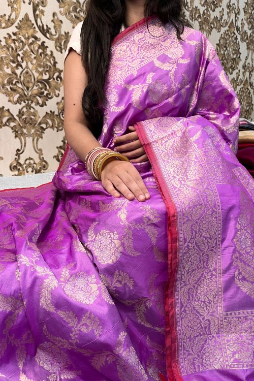 Handwoven Purple Katan Silk Saree with golden and silver floral jaal and magenta contrast border