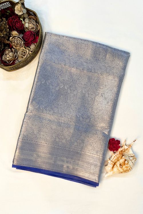Blue Brocade Tissue Silk Saree with intricate silver zari design and unstitched brocade blouse