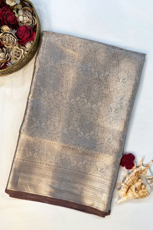 Brown Brocade Tissue Silk Saree with silver zari detailing and unstitched brocade blouse Brown Brocade Tissue Silk Saree with silver zari detailing and unstitched brocade blouse