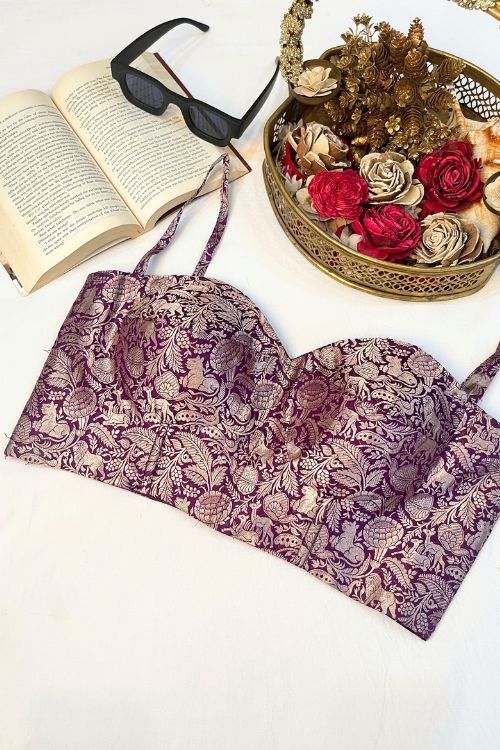 Purple Banarasi Brocade Corset with Shikargah Motifs and Silver Zari, structured silk corset top with boning and back zipper