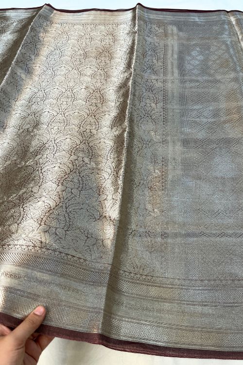 Brown Brocade Tissue Silk Saree with silver zari detailing and unstitched brocade blouse Brown Brocade Tissue Silk Saree with silver zari detailing and unstitched brocade blouse Brown Brocade Tissue Silk Saree with silver zari detailing and unstitched brocade blouse