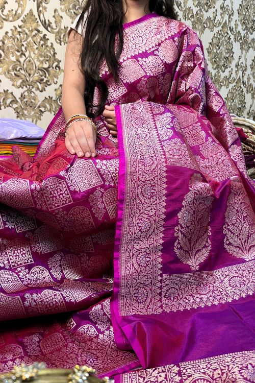 Handwoven purple Katan silk saree with intricate motifs