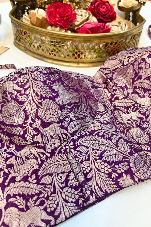 Purple Banarasi Brocade Corset with Shikargah Motifs and Silver Zari, structured silk corset top with boning and back zipper