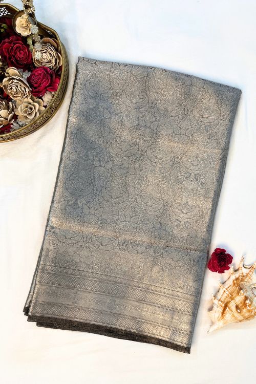 Black Brocade Tissue Silk Saree with intricate silver zari design and unstitched brocade blouse