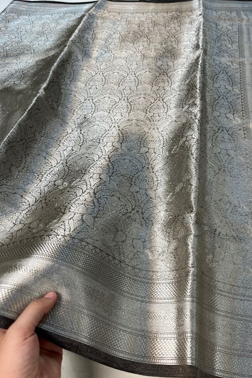 Black Brocade Tissue Silk Saree with intricate silver zari design and unstitched brocade blouse