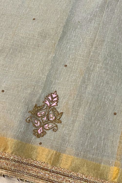 Hand-Embroidered Ash Grey Linen Tissue Silk Saree with intricate embroidery