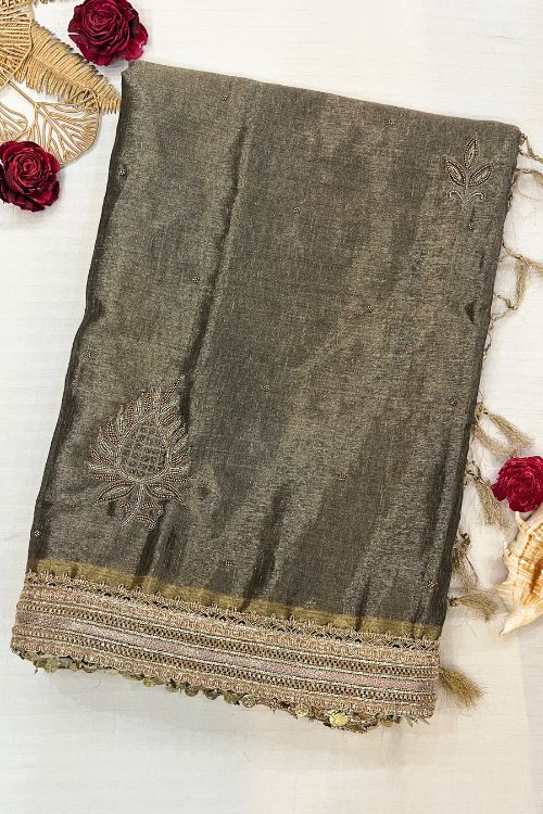 Hand-Embroidered Fuscous Grey Linen Tissue Silk Saree with intricate zari and resham embroidery, crafted in Banaras.