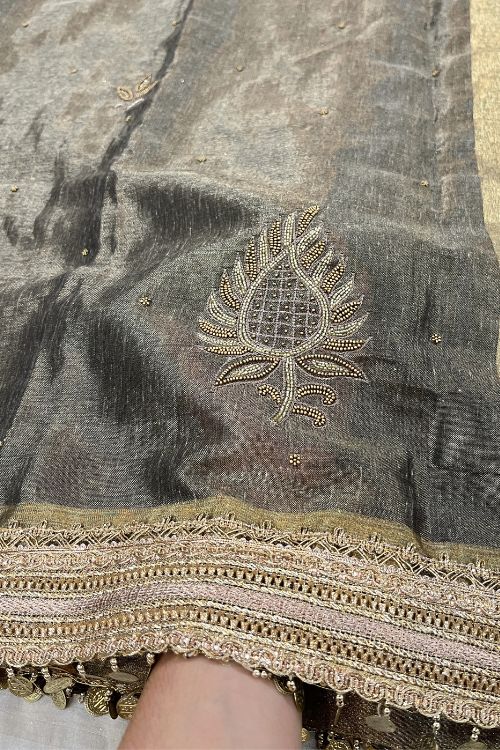 Hand-Embroidered Fuscous Grey Linen Tissue Silk Saree with intricate zari and resham embroidery, crafted in Banaras.