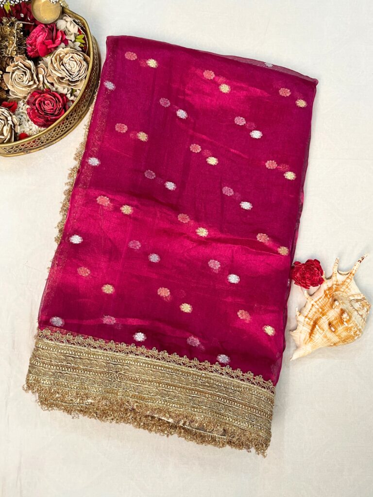 Hot Pink Buti Pure Banarasi Tissue Silk Saree