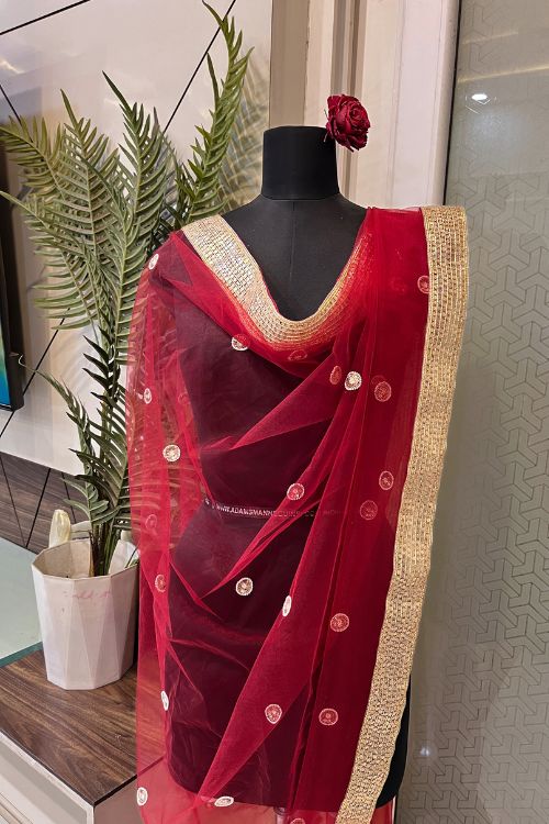Red Hand Embroidered Tissue Silk Dupatta