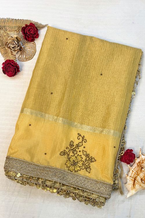 Hand-Embroidered Gold Linen Tissue Silk Saree with intricate embroidery, perfect for weddings and special occasions.