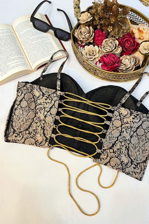 Black Banarasi Brocade Silk Corset with Gold Zari Shikargah Motifs, Structured Fit with Padded Cups and Back Zipper