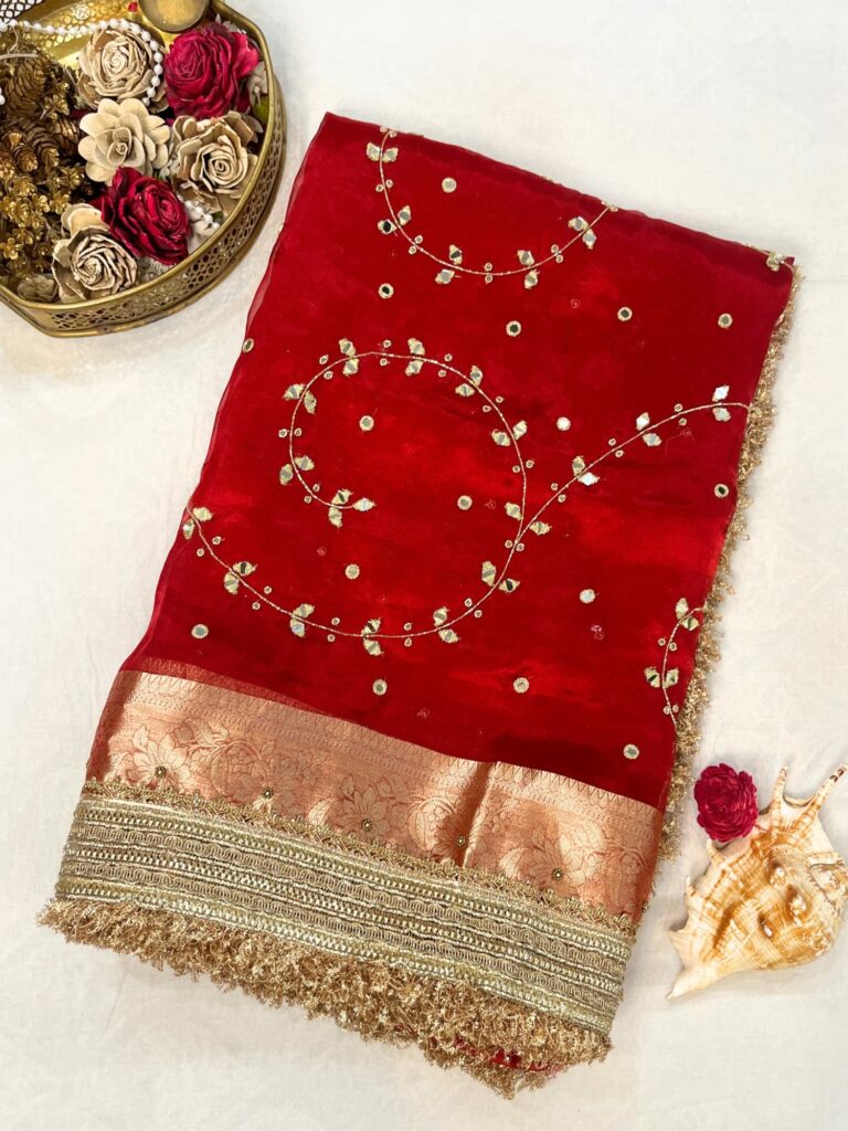 Hand Embroidered Red Tissue Silk Saree with Mirror Jaal and Buti Work