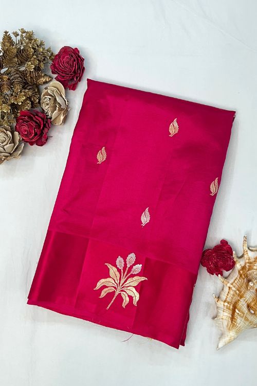 Hot Pink Raw Mango Silk Saree with floral brocade aachal, satin border, and Sona Rupa buti – handcrafted Banarasi silk saree