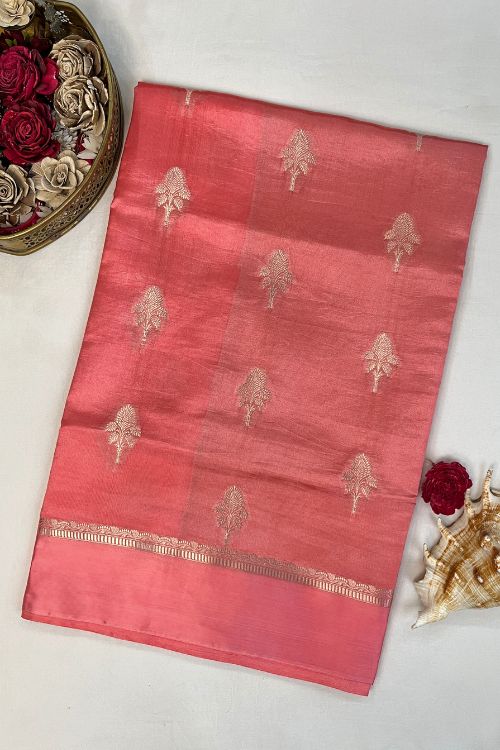 Pink Raw Mango Silk Saree with satin border, buti motifs, zari aachal, and unstitched brocade blouse – handcrafted Banarasi saree.