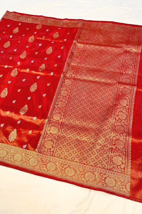 Red Banarasi Kora Tissue Silk Saree with gold and silver zari buti and paisley aanchal
