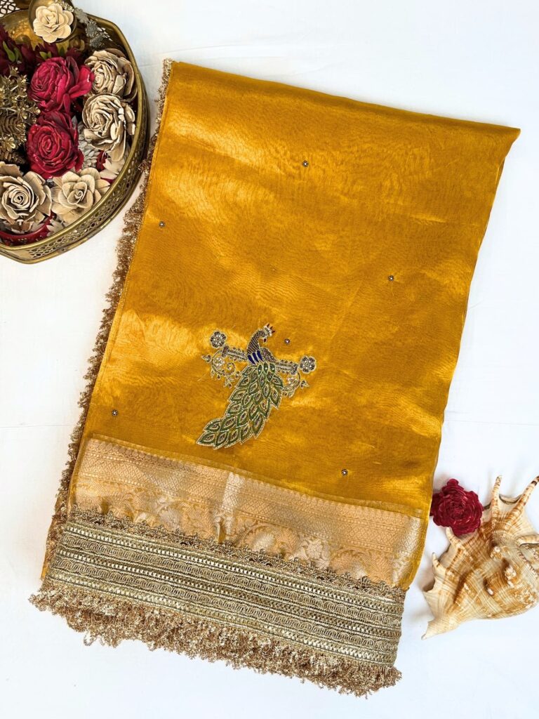 Hand Embroidered Mustard Yellow Tissue Silk Saree with Peacock Motifs and Scattered Buti, Paired with Unstitched Brocade Blouse – Traditional Indian Ethnic Wear