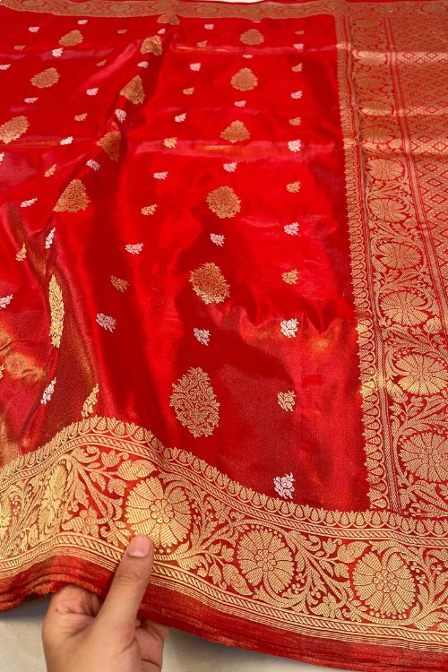 Red Banarasi Kora Tissue Silk Saree with gold and silver zari buti and paisley aanchal