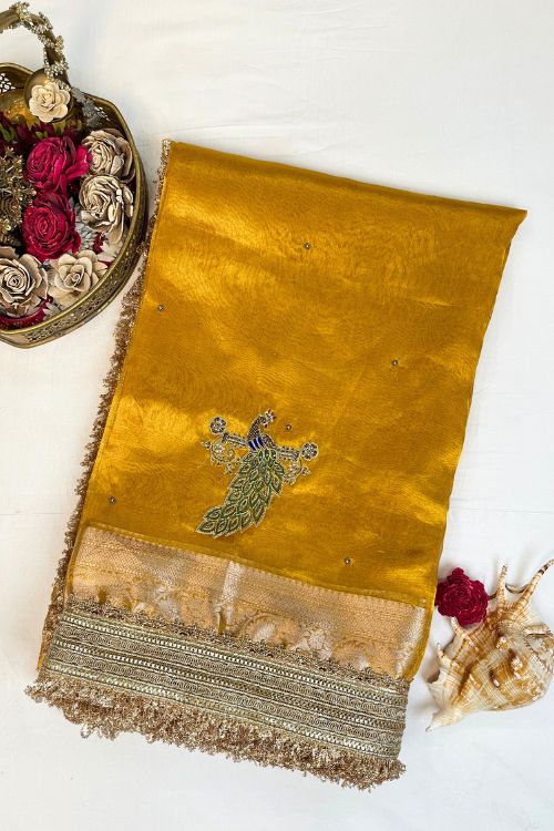 Hand Embroidered Mustard Yellow Tissue Silk Saree with Peacock Motifs and Scattered Buti, Paired with Unstitched Brocade Blouse – Traditional Indian Ethnic Wear