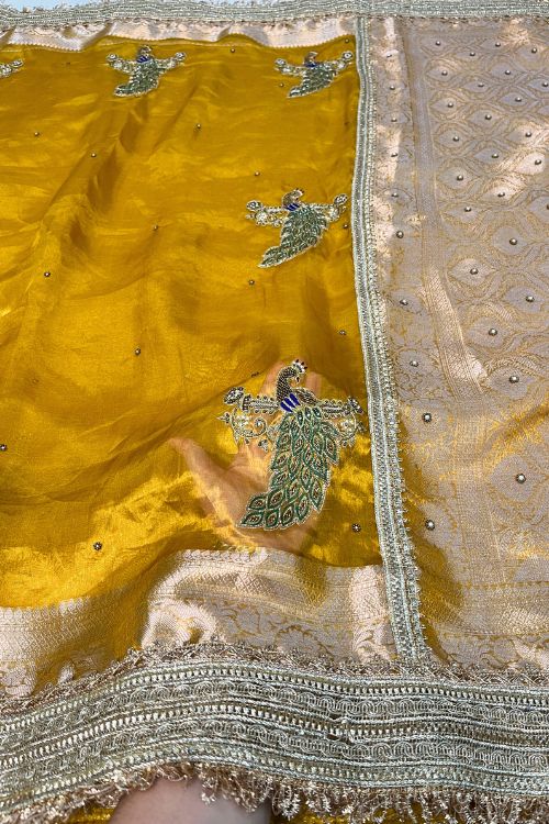Hand Embroidered Mustard Yellow Tissue Silk Saree with Peacock Motifs and Scattered Buti, Paired with Unstitched Brocade Blouse – Traditional Indian Ethnic Wear