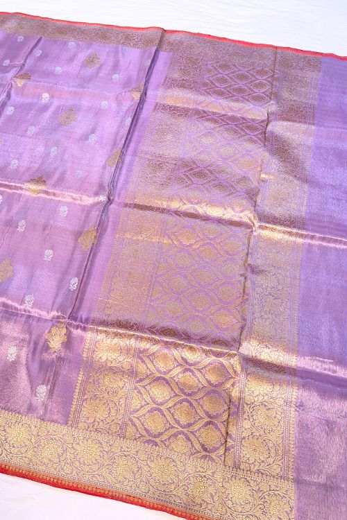 Purple Banarasi Kora Tissue Silk Saree with Red Selvedge and Golden-Silver Zari – Handwoven Pure Silk