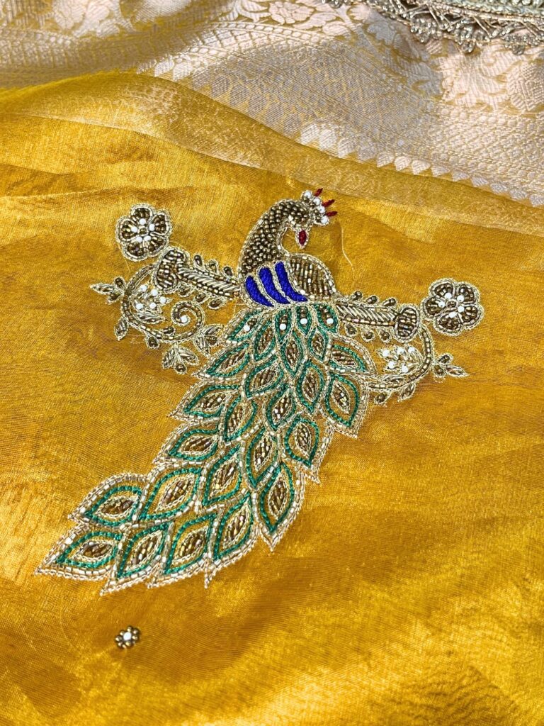 Hand Embroidered Mustard Yellow Tissue Silk Saree with Peacock Motifs and Scattered Buti, Paired with Unstitched Brocade Blouse – Traditional Indian Ethnic Wear